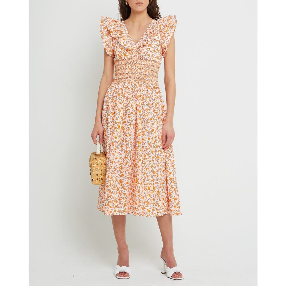 O.P.T Smocked Waist Ruffle Scilla Midi Dress Orange Floral Size Small NWOT - Picture 3 of 13